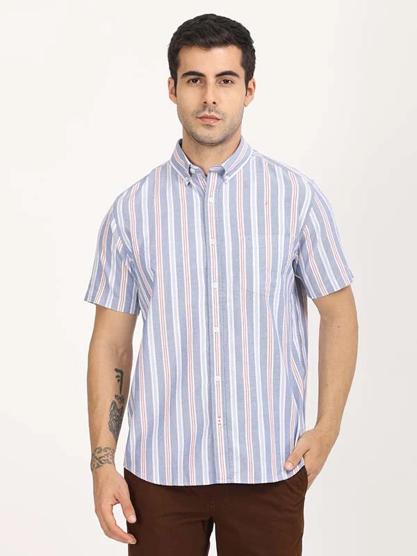 Indian Terrain Men's Regular Fit Half Sleeve Striped Blue Shirt